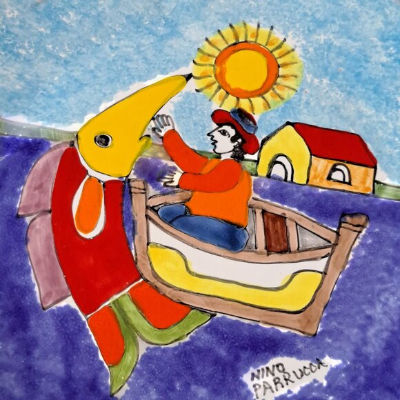 Nino Parrucca Pottery Modernist Plate 10.5" Made in Italy #214 Fisherman - Picture 8 of 9